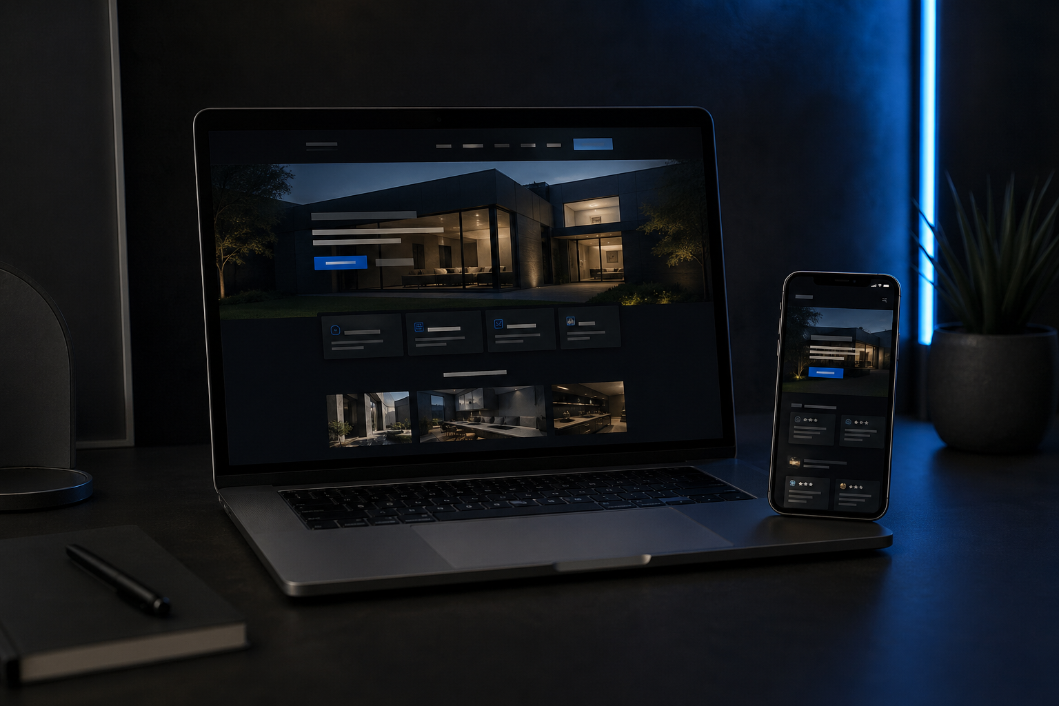 SharpSite Studio dark website redesign preview on laptop and phone