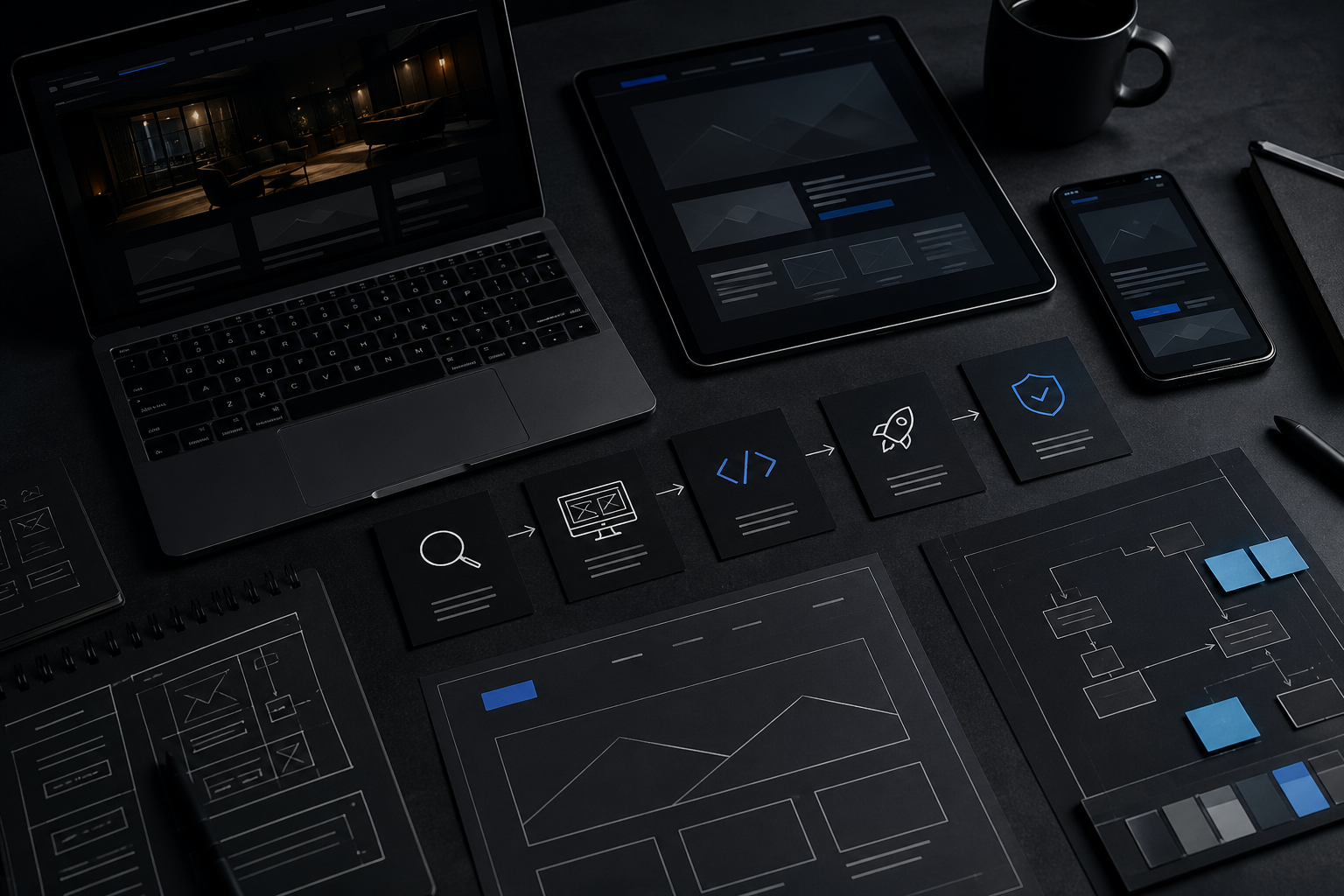 Website redesign workflow shown with devices and planning cards